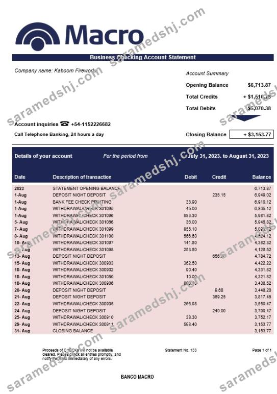Banco Macro organization checking account statement Word and PDF template